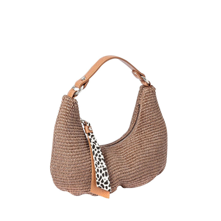 Brown woven handbag with a leather strap and animal print accent