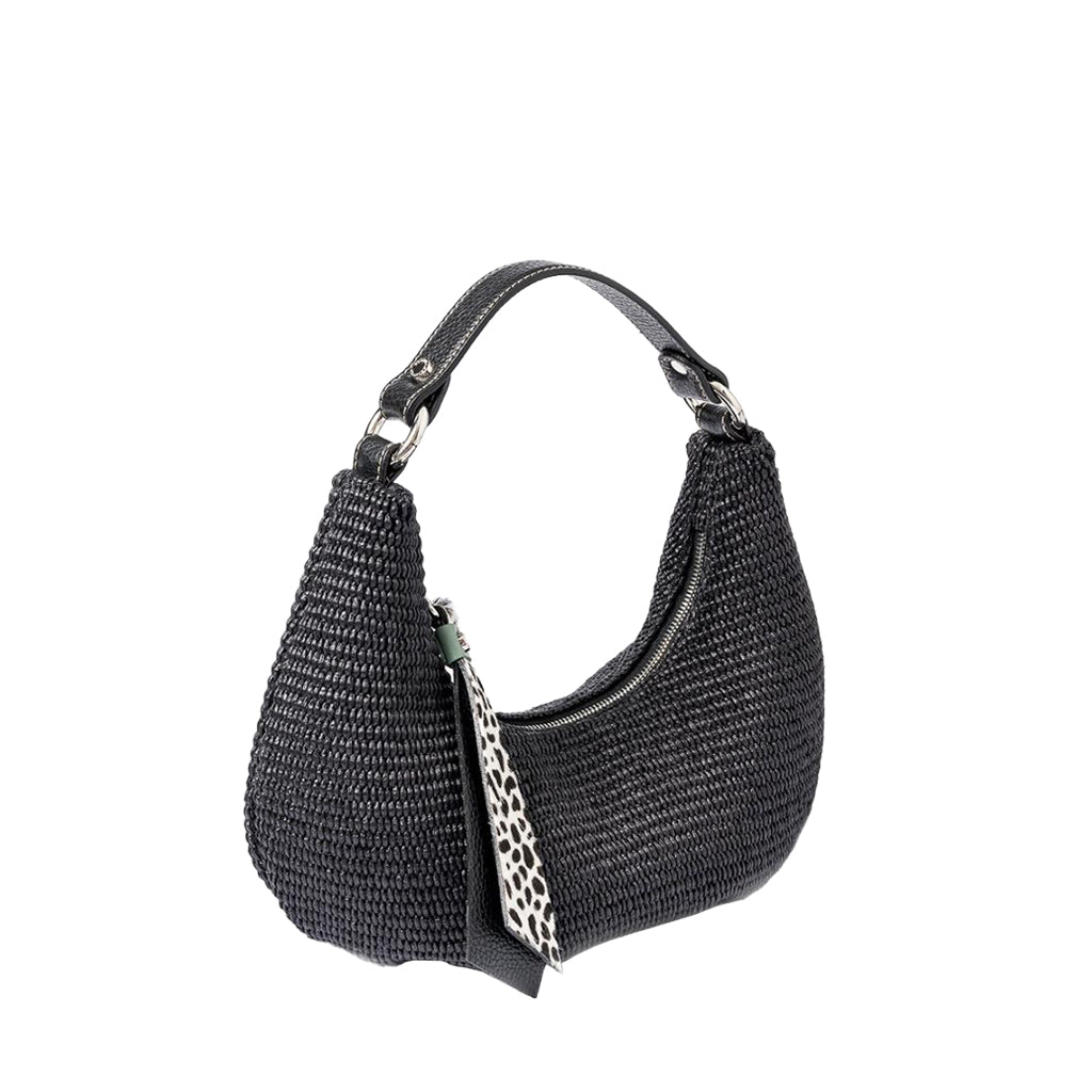 Black woven hobo handbag with leather strap and animal print accessory
