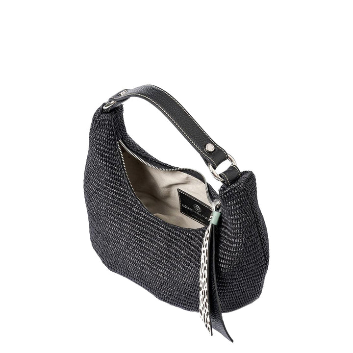 Black woven handbag with leather strap and silver zipper, viewed from overhead showing the interior lining