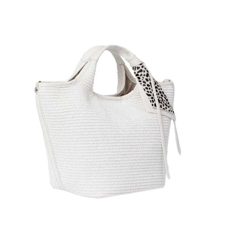 White woven handbag with cutout handle and animal print scarf