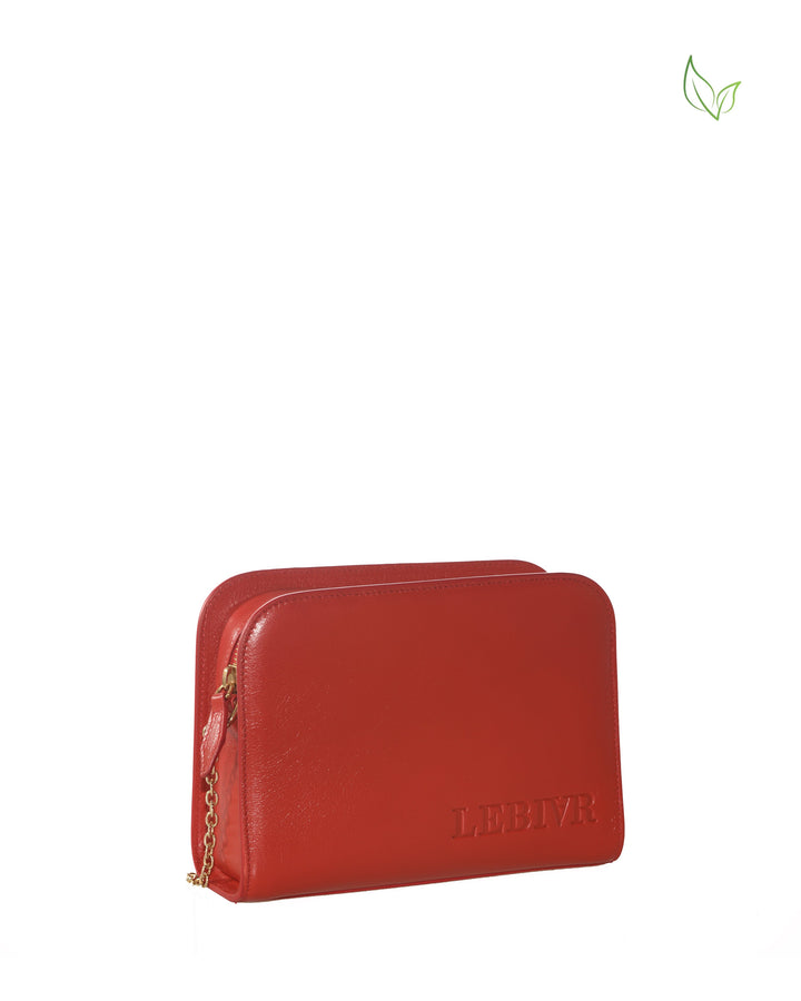 Red vegan leather wallet with gold zipper and chain