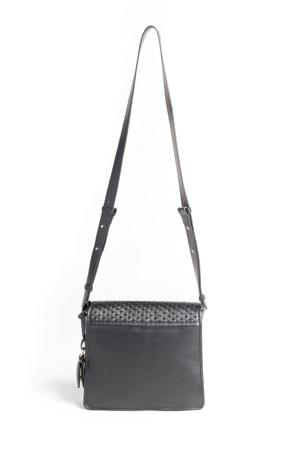 Black woven leather handbag with shoulder strap on white background.