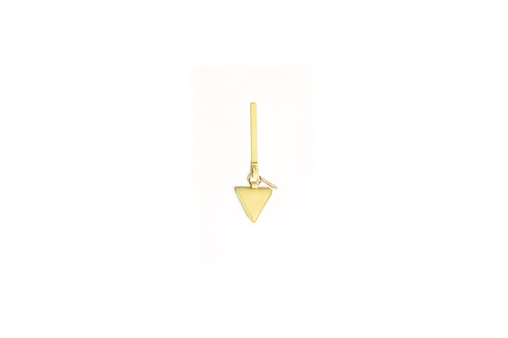 Minimalist gold triangle pendant earring on white background.