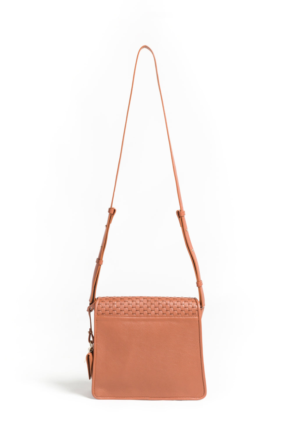 Brown woven leather handbag with adjustable strap on white background.