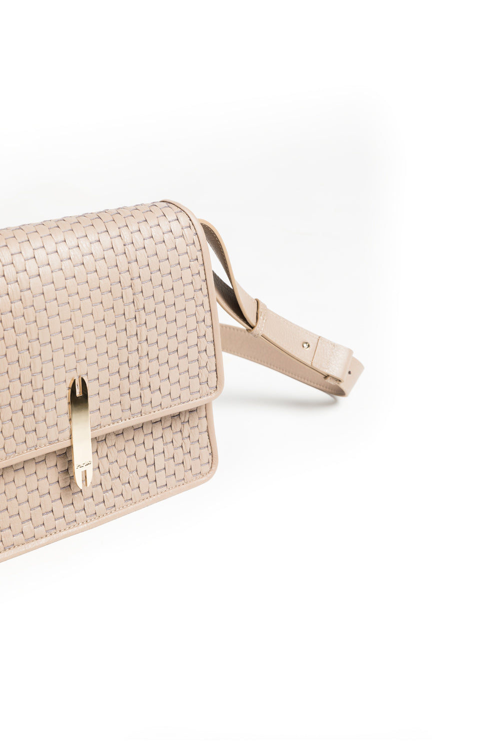 Tan woven leather crossbody handbag with adjustable strap.