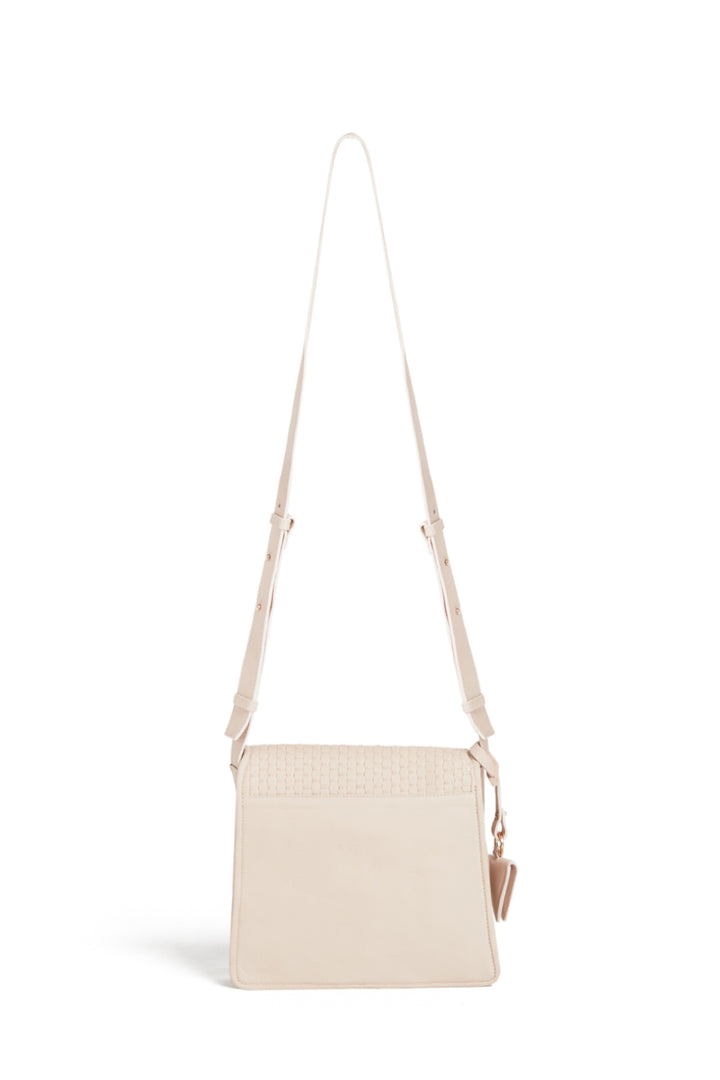 Elegant beige woven leather handbag with adjustable strap and gold accents.