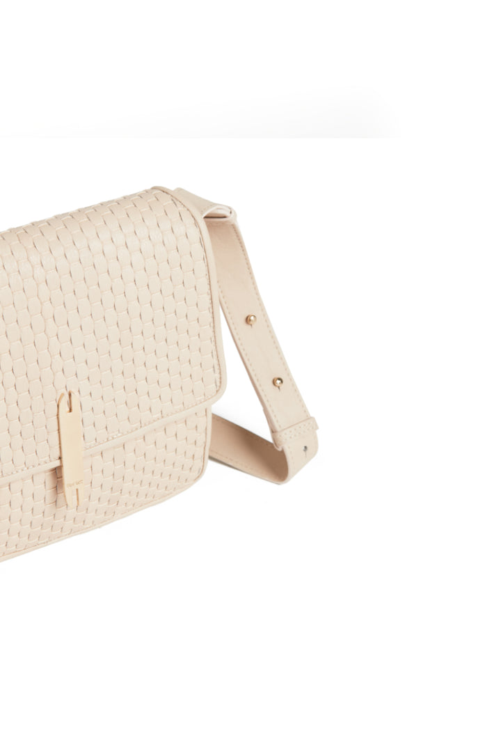 Elegant beige woven leather handbag with adjustable strap and gold accents.