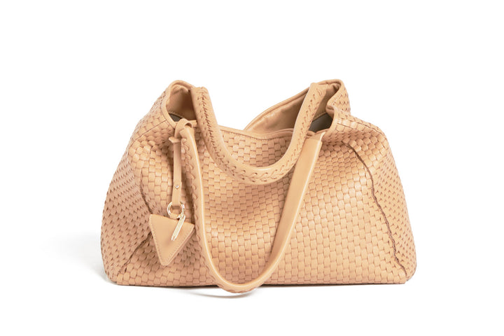 Elegant woven beige leather handbag with braided handles.