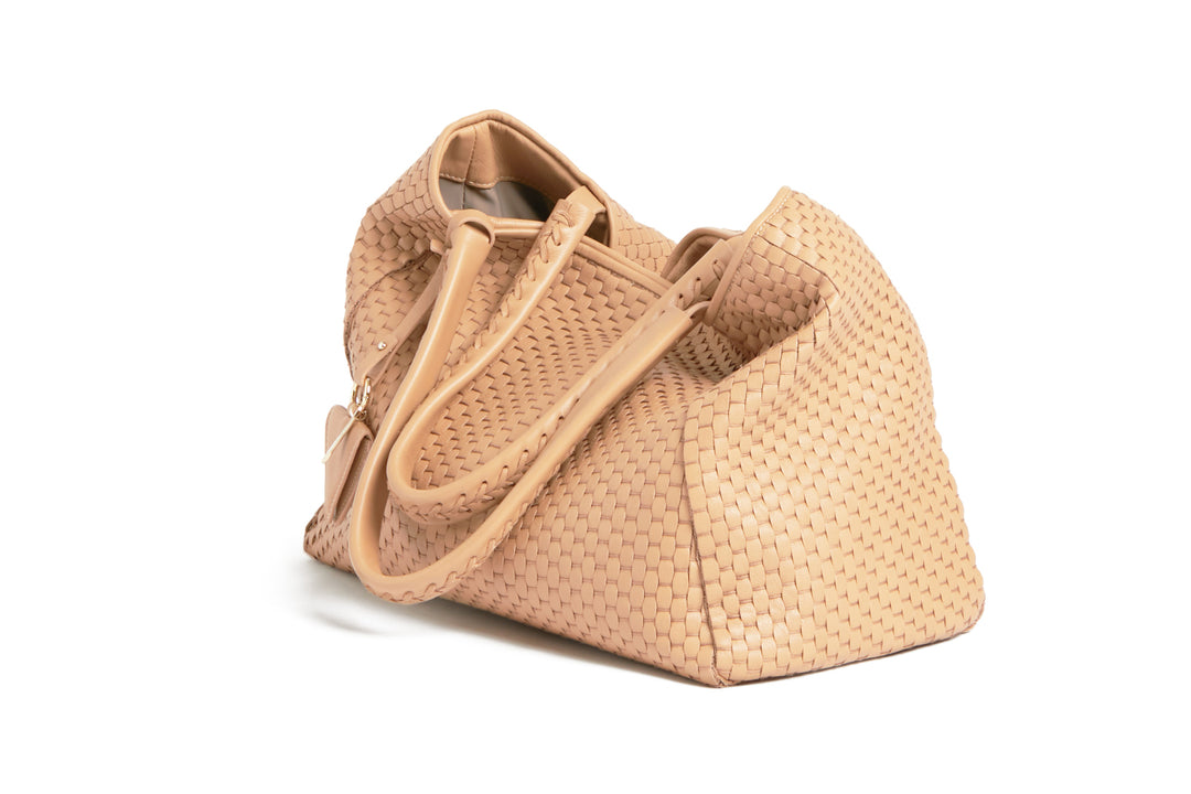 Elegant woven beige leather handbag with braided handles.