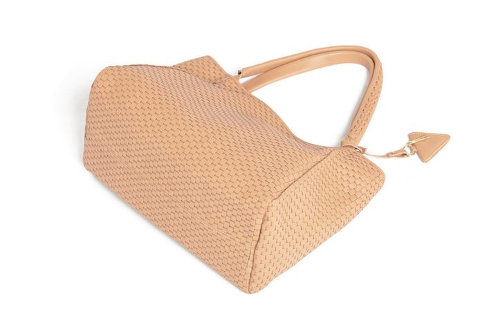 Elegant woven beige leather handbag with braided handles.