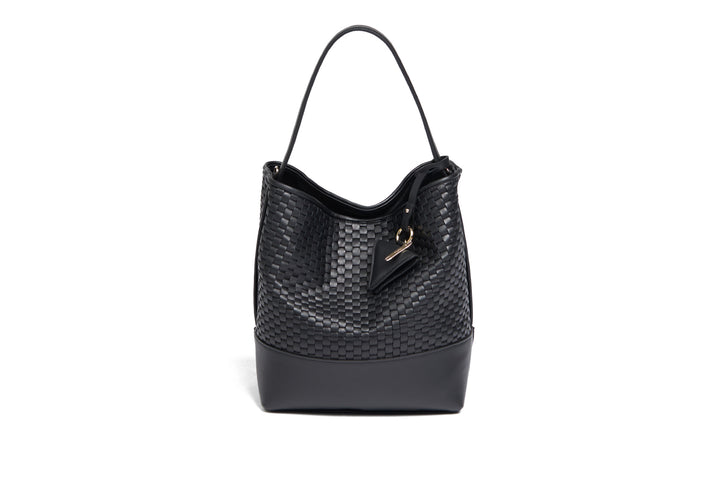 Black textured leather handbag with adjustable strap and gold-tone hardware.