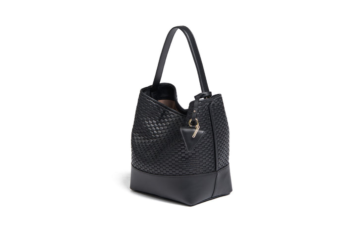 Black textured leather handbag with adjustable strap and gold-tone hardware.