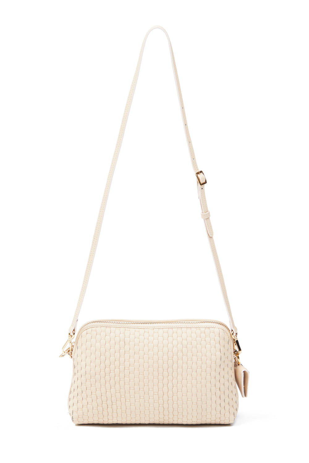 Woven beige leather crossbody bag with strap and zipper closure.