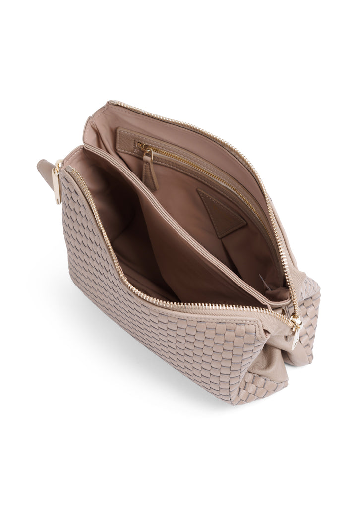 Alt tag: Elegant woven leather crossbody bag in beige