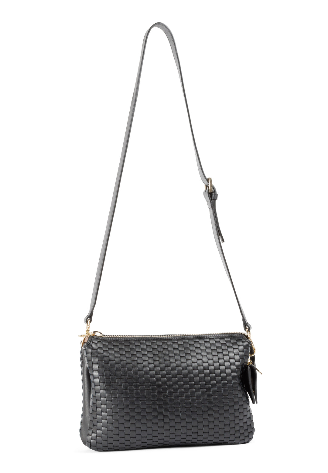 Black woven leather crossbody bag with adjustable strap and zipper closure.