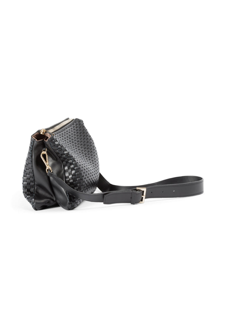 Black woven leather crossbody bag with adjustable strap and zipper closure.