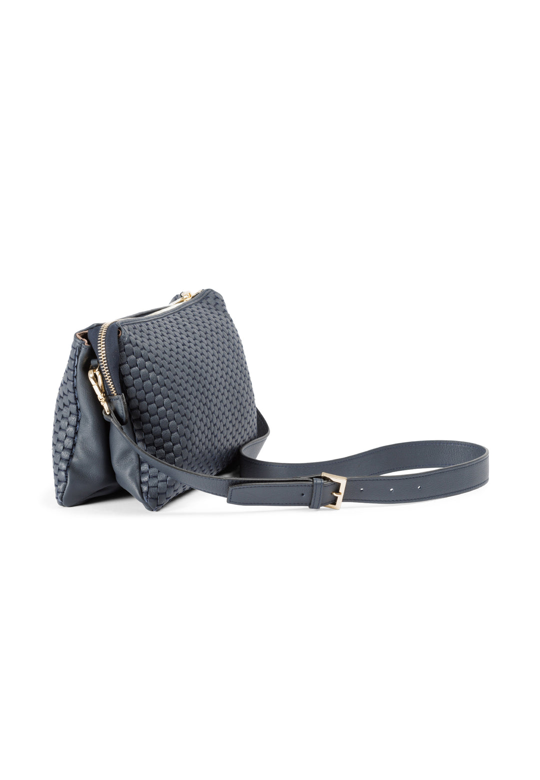 Woven blue leather crossbody bag with adjustable strap and gold buckle.