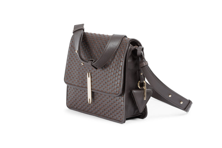 Luxury brown woven leather handbag with adjustable shoulder strap and metallic clasp.