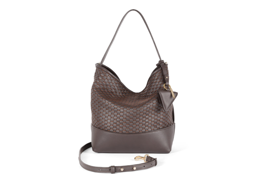 Alt tag: Elegant brown woven leather handbag with adjustable shoulder strap and small attached pouch