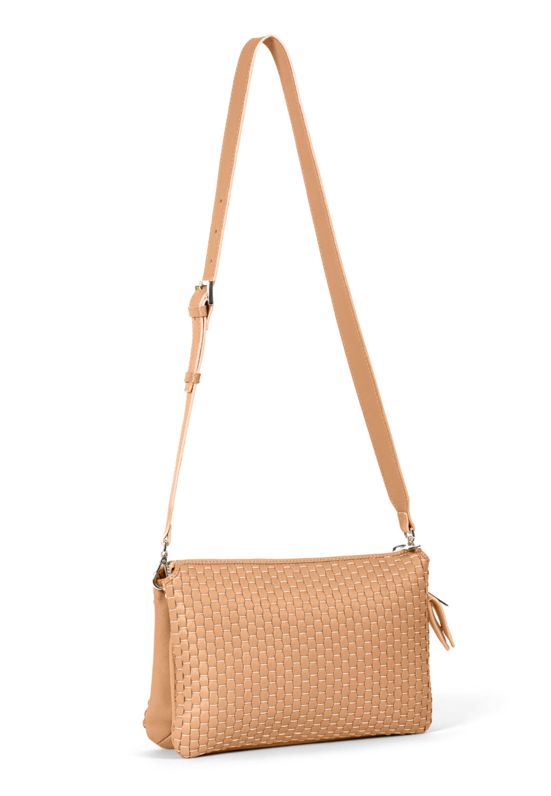 Beige woven leather crossbody bag with adjustable strap.