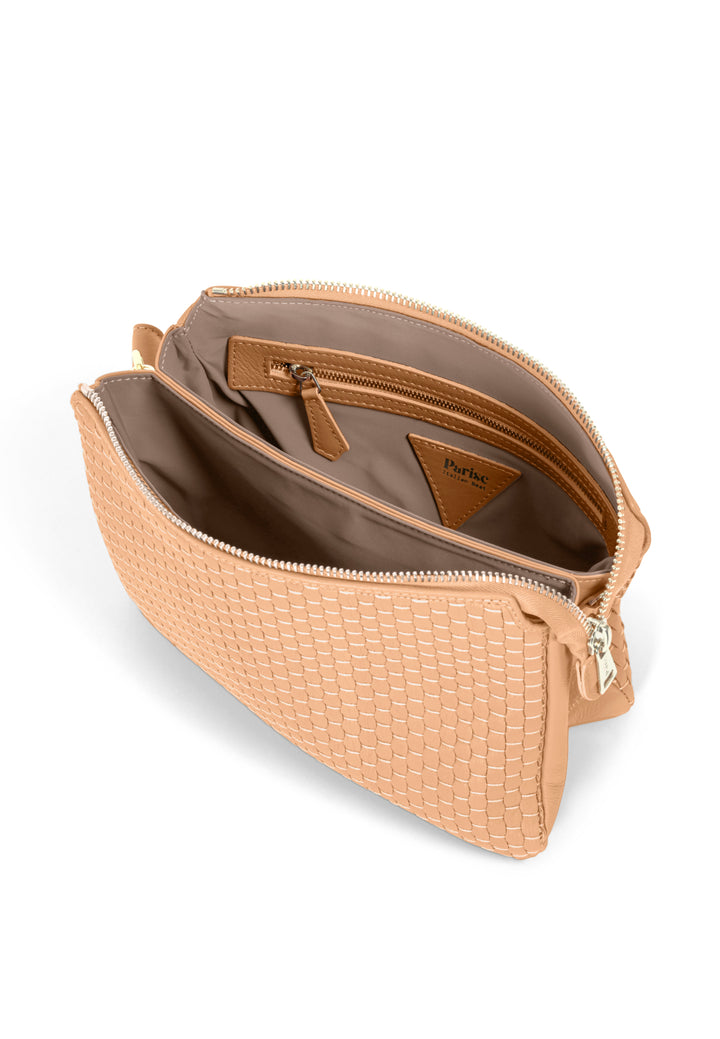 Beige woven leather crossbody bag with adjustable strap.