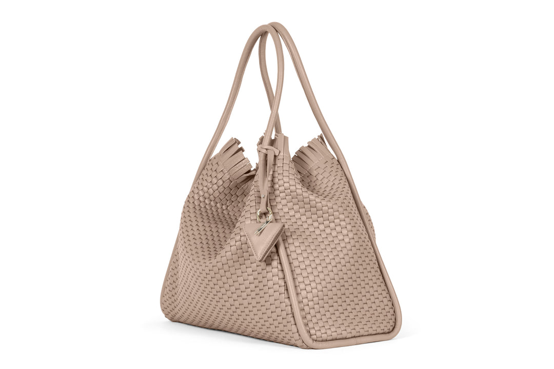 Elegant Beige Woven Handbag with Fringe Details and Triangle Accent