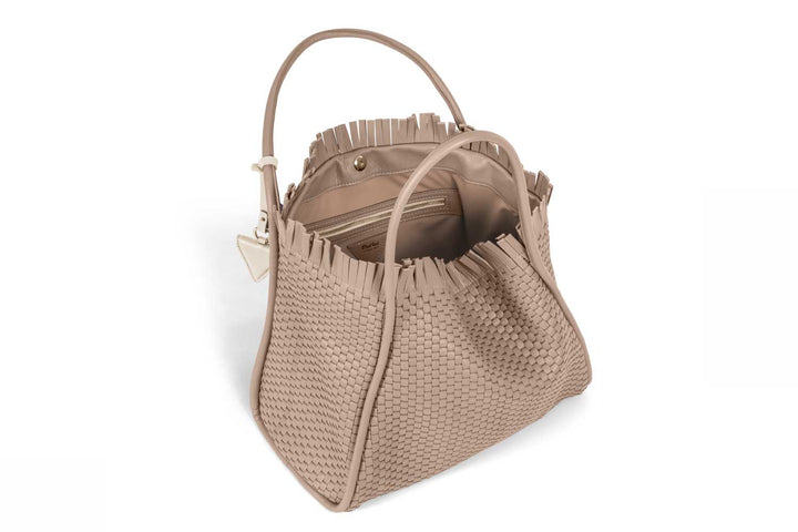 Elegant Beige Woven Handbag with Fringe Details and Triangle Accent