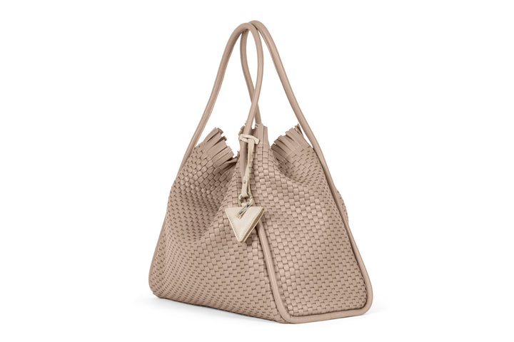 Woven beige handbag with fringed details and triangular logo tag.