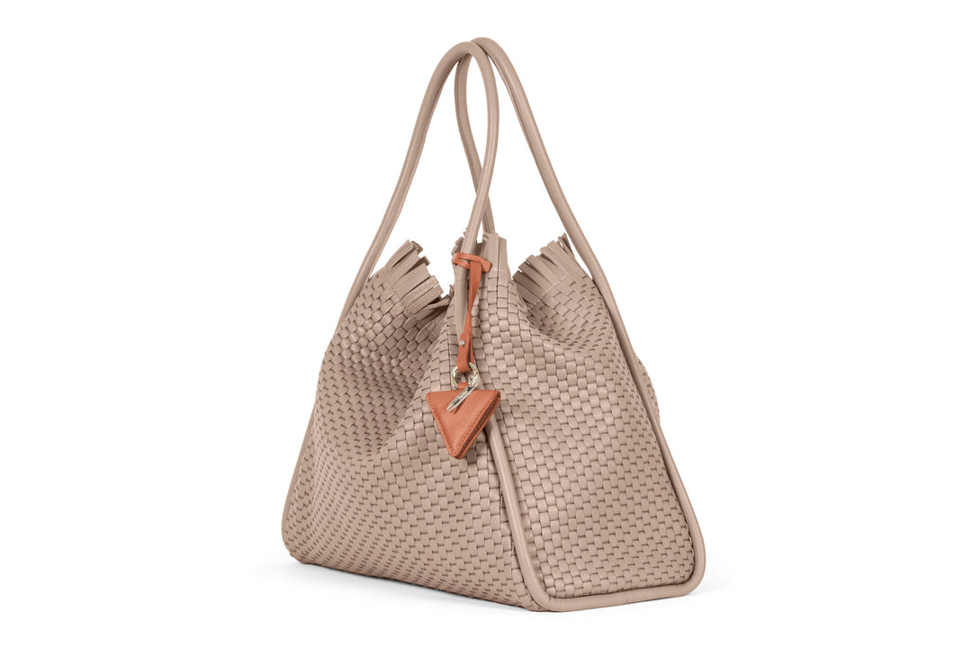 Woven beige leather handbag with fringe and brown leather accents