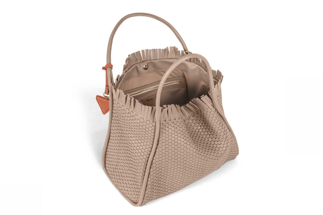 Woven beige leather handbag with fringe and brown leather accents