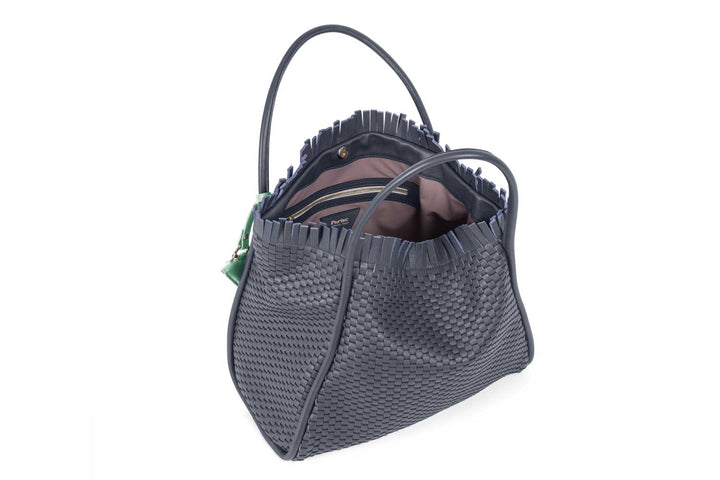 Luxury woven gray handbag with unique fringe details and green accent tag.