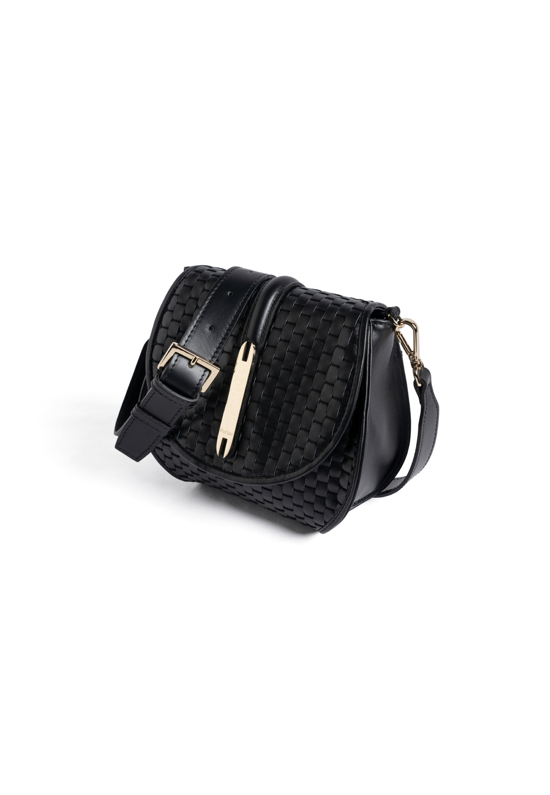 Black leather crossbody purse with woven design and gold accents.