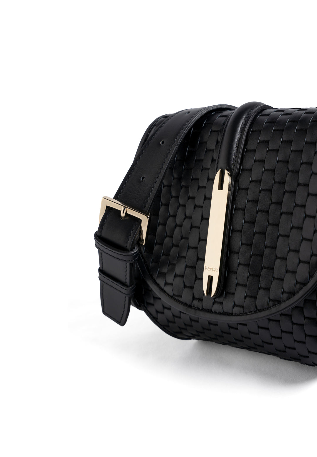 Black leather crossbody purse with woven design and gold accents.