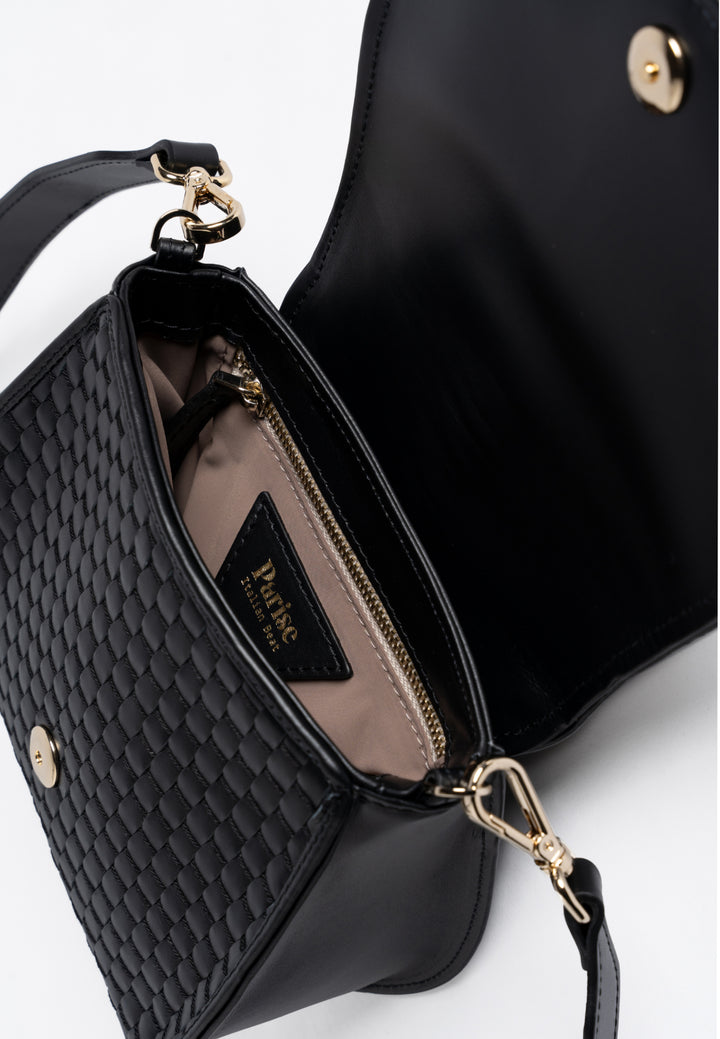 Black leather crossbody purse with woven design and gold accents.