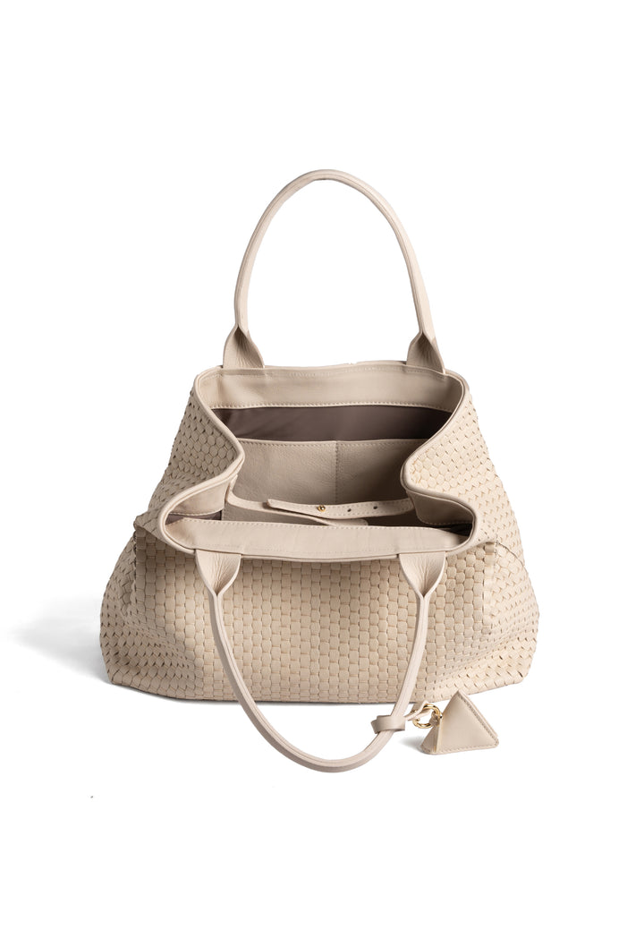 Elegant Woven Beige Handbag with Short Handles and a Keychain Accessory