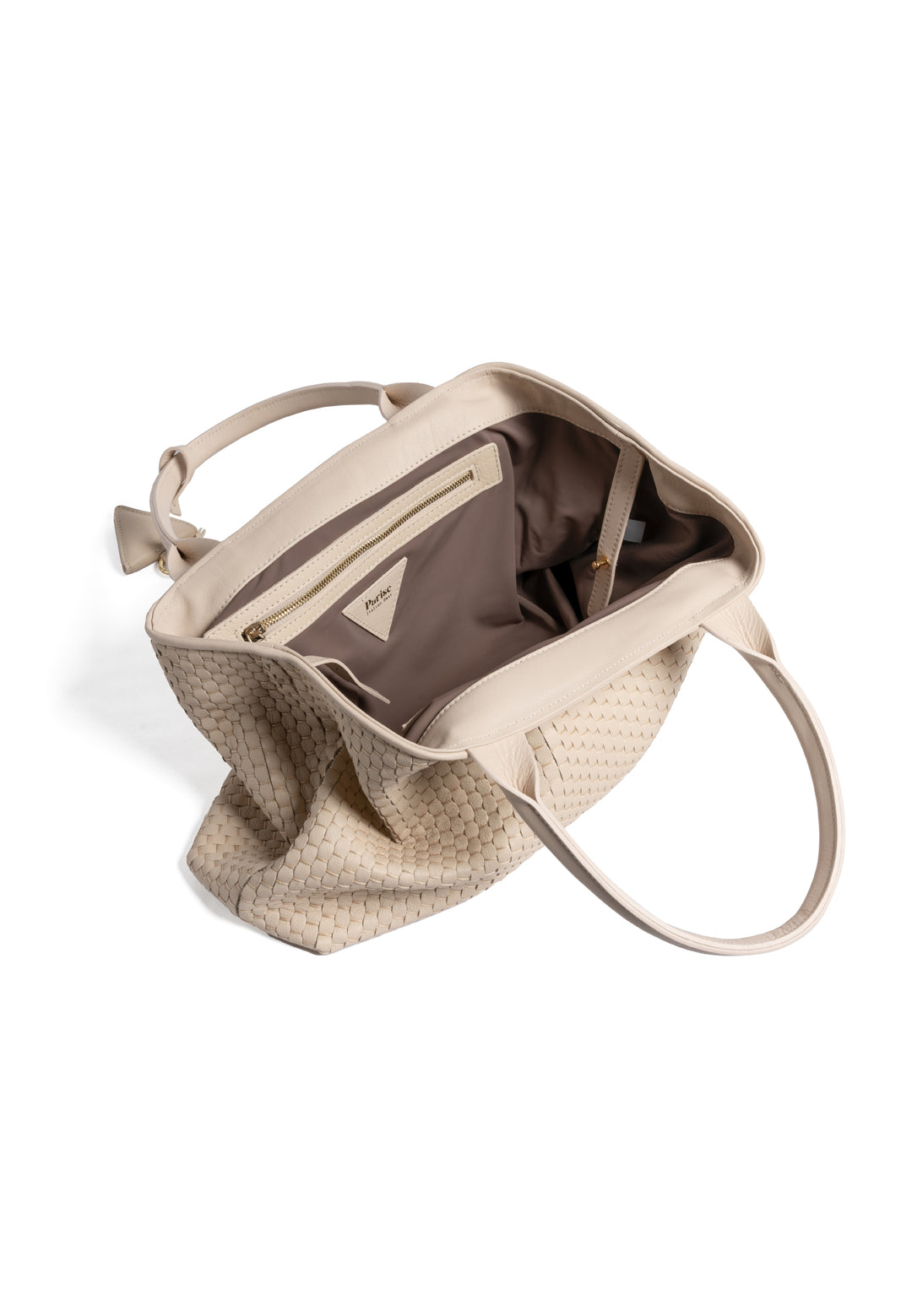 Elegant Woven Beige Handbag with Short Handles and a Keychain Accessory