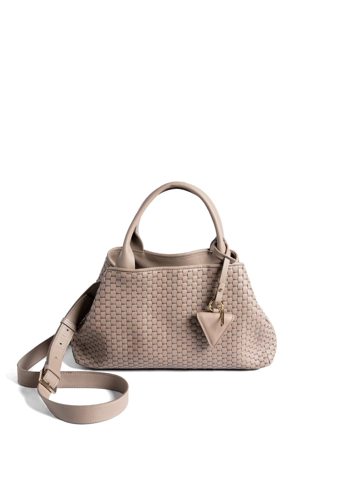 Alt text: Elegant woven leather handbag in taupe with a triangular pendant on a white background