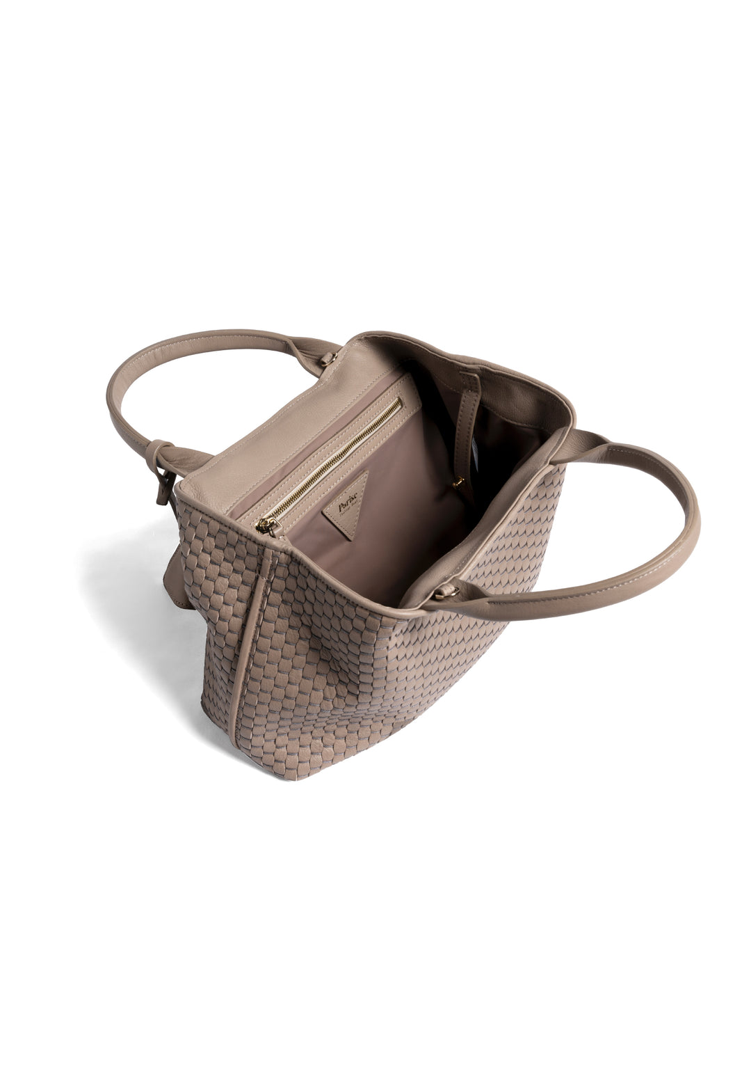 Alt text: Elegant woven leather handbag in taupe with a triangular pendant on a white background