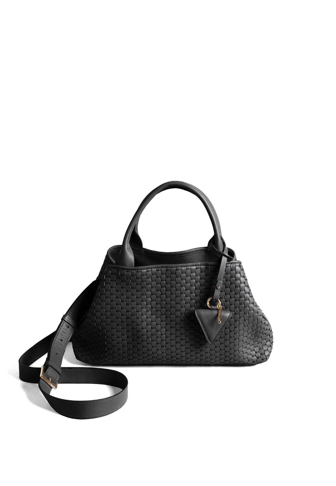 Black woven handbag with leather handles and a small attached accessory.