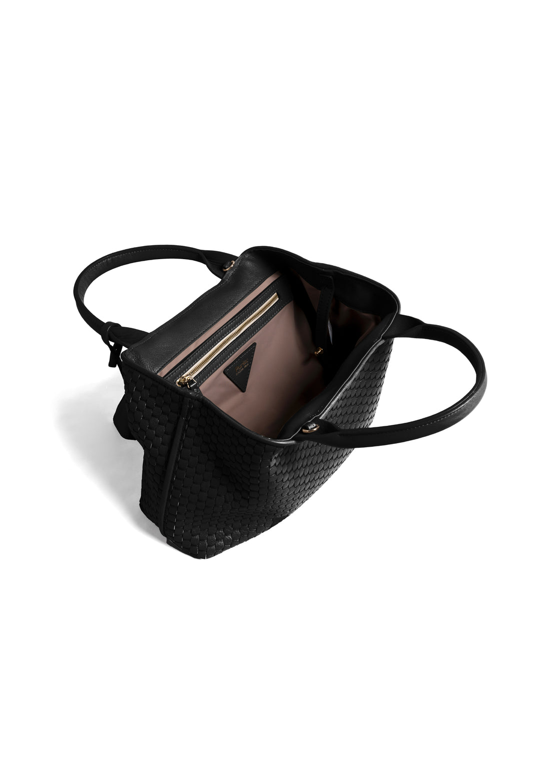 Black woven handbag with leather handles and a small attached accessory.