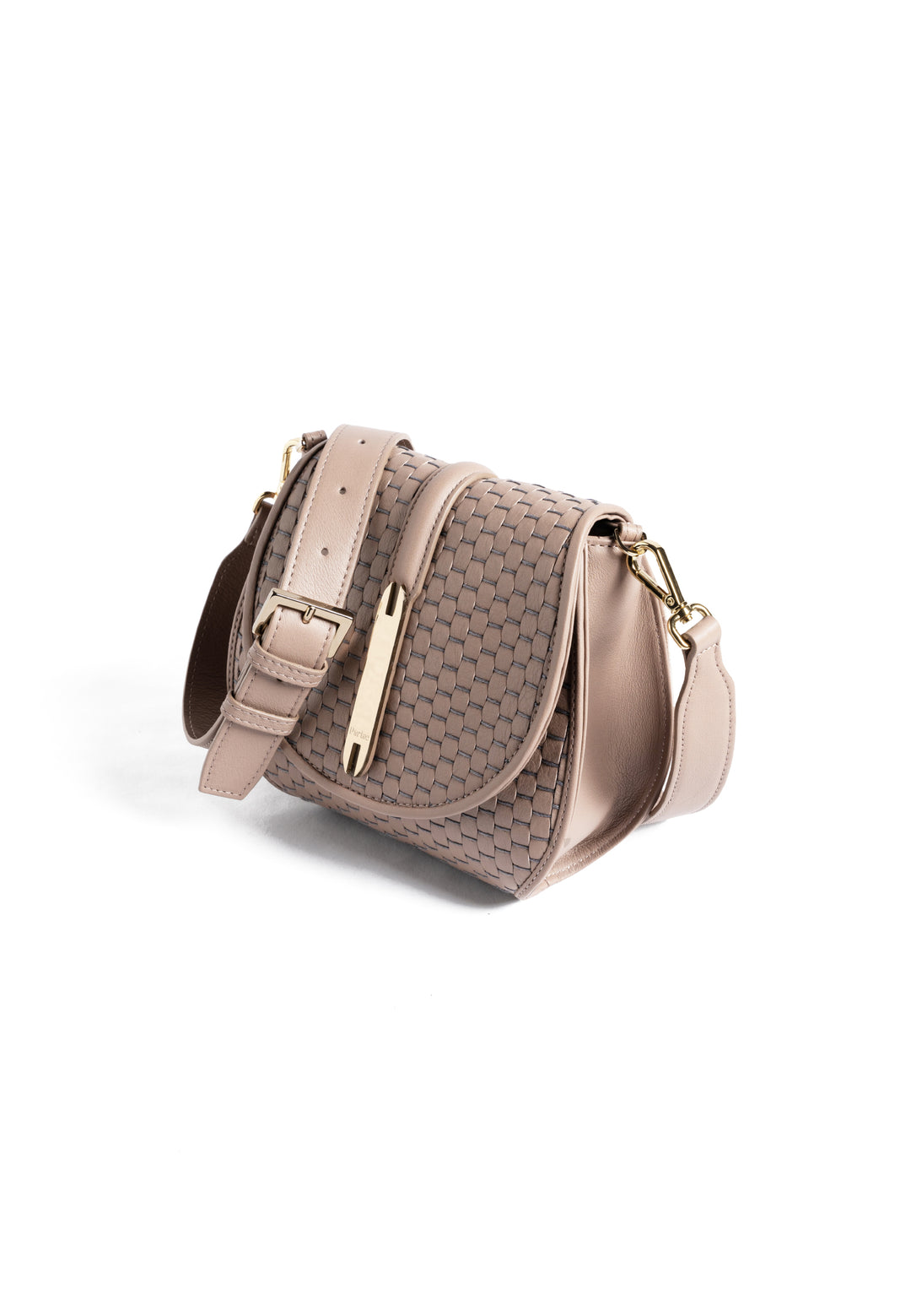 Taupe woven crossbody handbag with adjustable strap and gold hardware on white background.