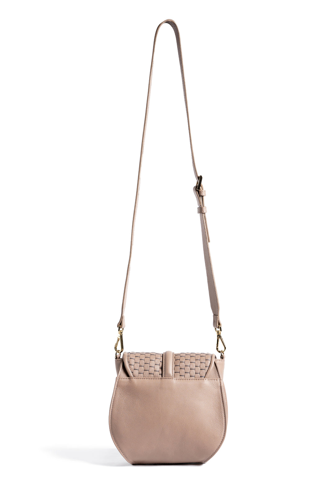 Taupe woven crossbody handbag with adjustable strap and gold hardware on white background.