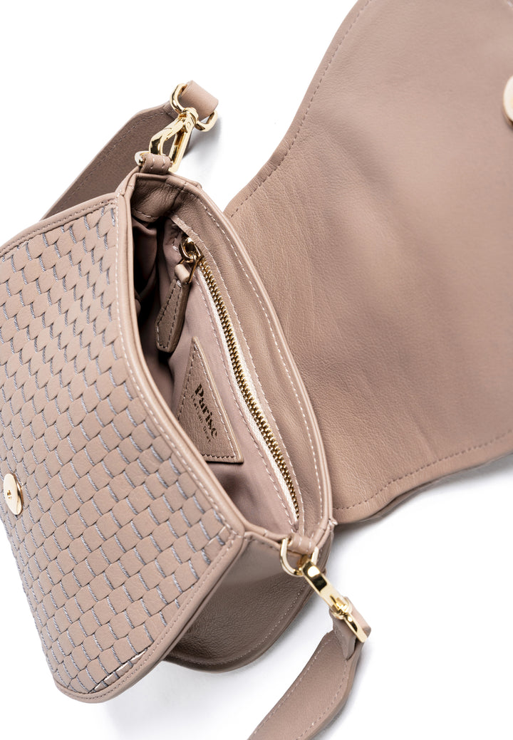 Taupe woven crossbody handbag with adjustable strap and gold hardware on white background.