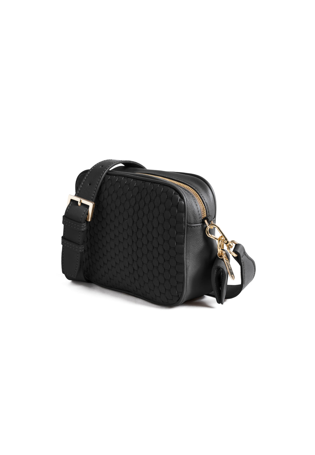 Black quilted crossbody purse with adjustable strap and gold accents.