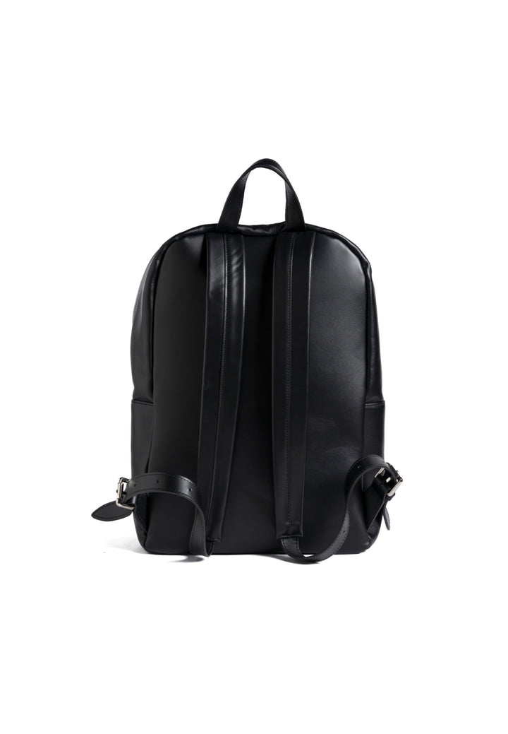 Elegant black leather backpack with woven detailing and front zipper pocket.