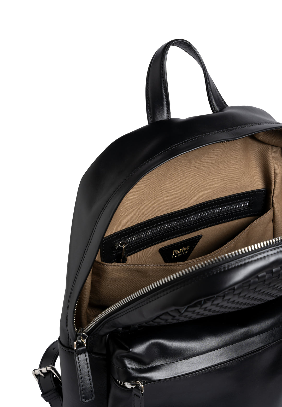 Elegant black leather backpack with woven detailing and front zipper pocket.