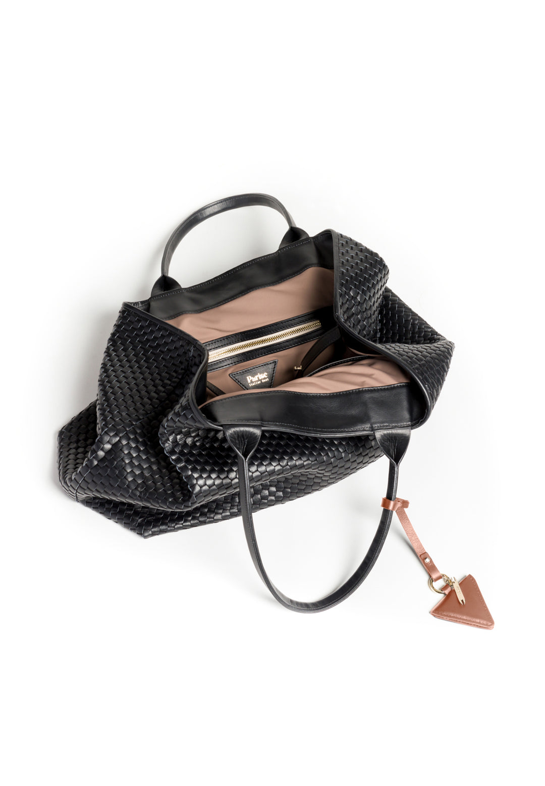 Elegant black woven leather handbag with decorative brown triangle tag.