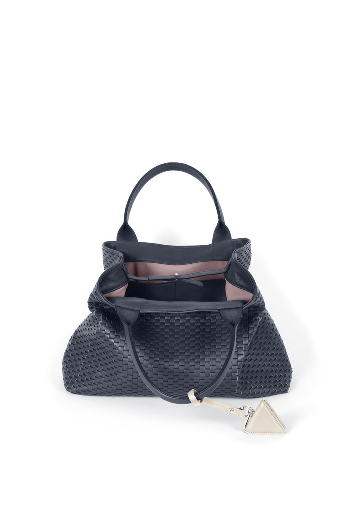 Elegant dark gray woven leather tote bag with triangular pendant.