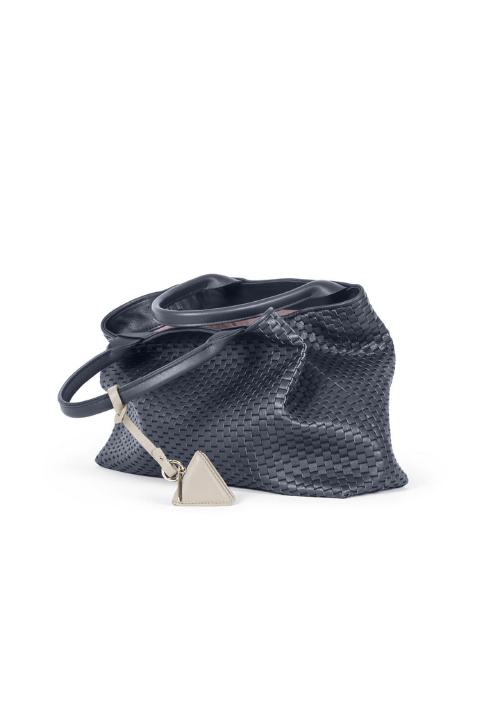 Elegant dark gray woven leather tote bag with triangular pendant.