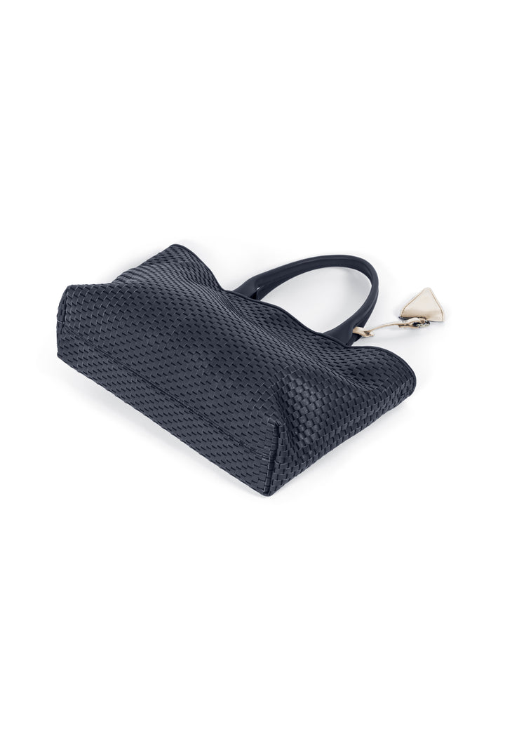 Elegant dark gray woven leather tote bag with triangular pendant.